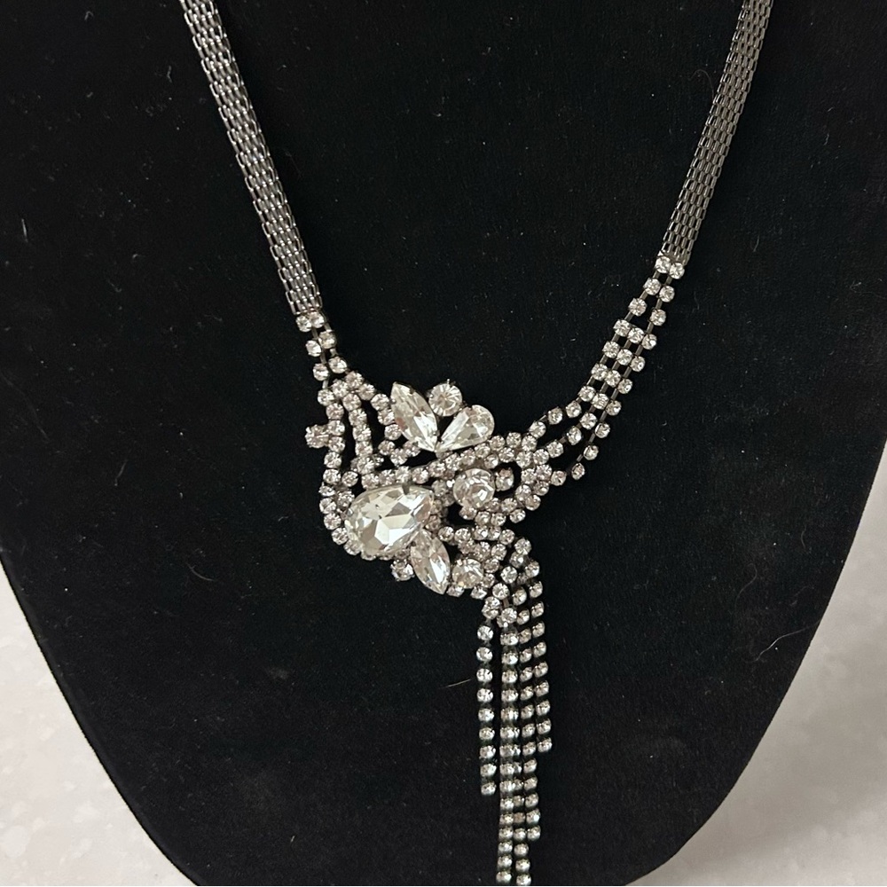 Silvertone Asymmetrical Crystal Necklace with Tassel